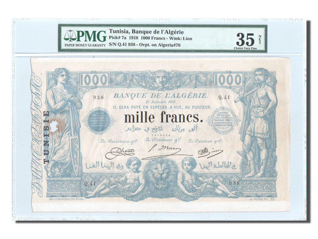 Banknote, Tunisia, 1000 Francs, 1918, 1918-11-21, KM:7a, graded, PMG