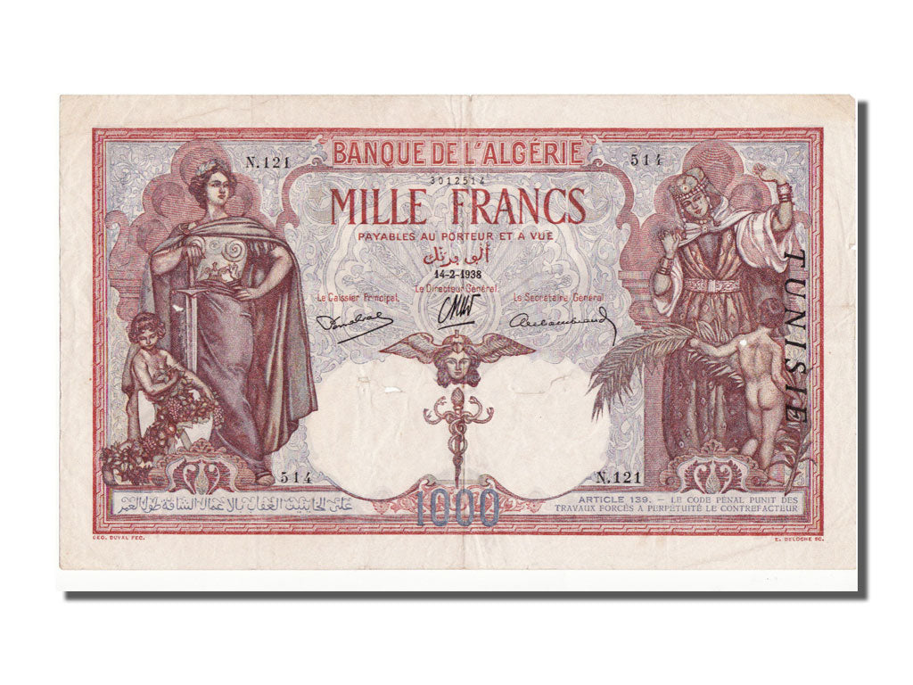 Tunisia, 1000 Francs, 1938, 1938-02-14, EF(40-45), N 121