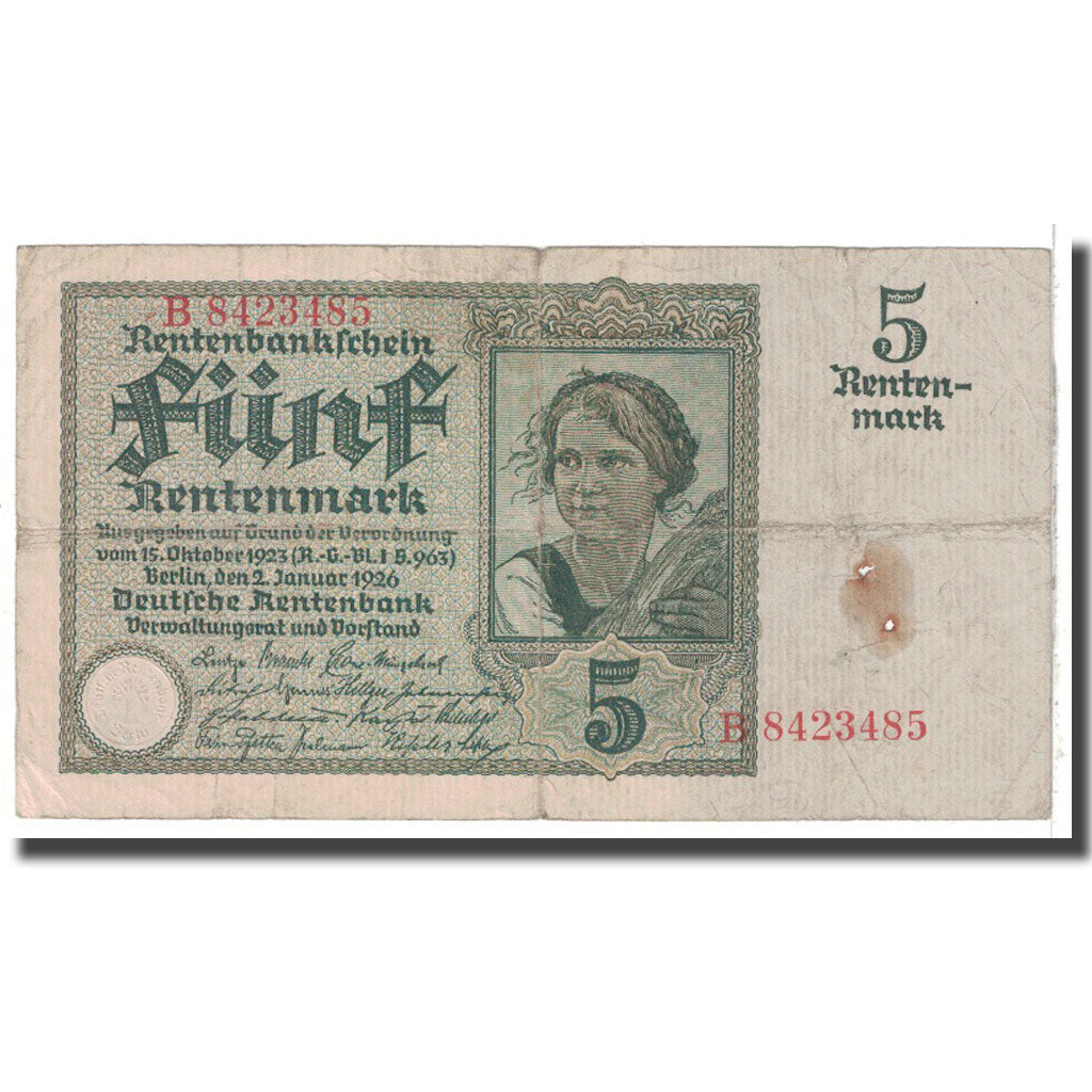 Banknote, Germany, 5 Rentenmark, 1926, 1926-01-02, KM:169, VF(20-25)