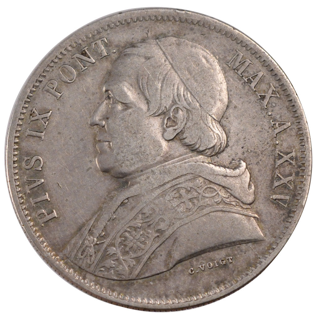 ITALIAN STATES, 5 Lire, 1870, Roma, KM #1385, EF(40-45), Silver, 24.92