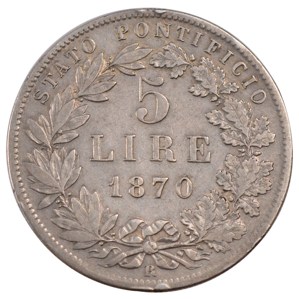 ITALIAN STATES, 5 Lire, 1870, Roma, KM #1385, EF(40-45), Silver, 24.92