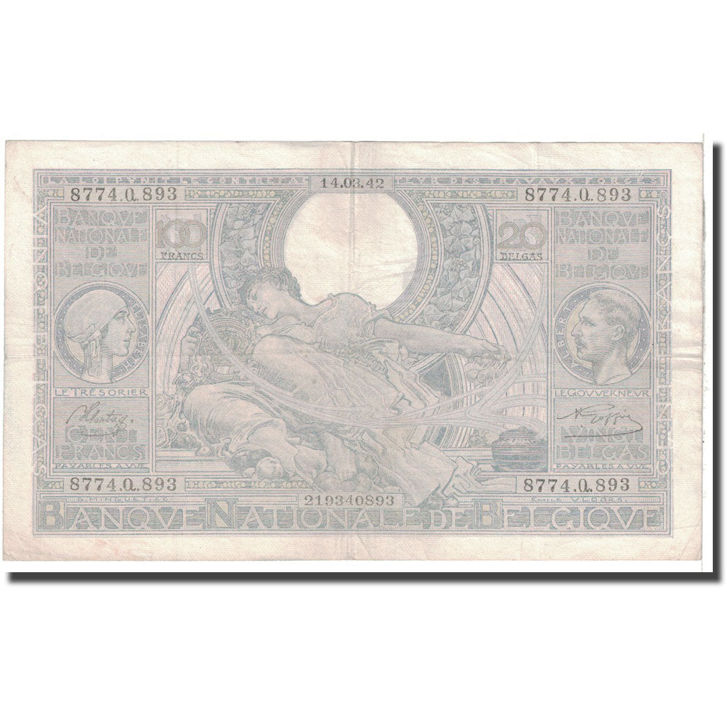 Banknote, Belgium, 100 Francs-20 Belgas, 1942, 1942-03-14, KM:107, EF(40-45)