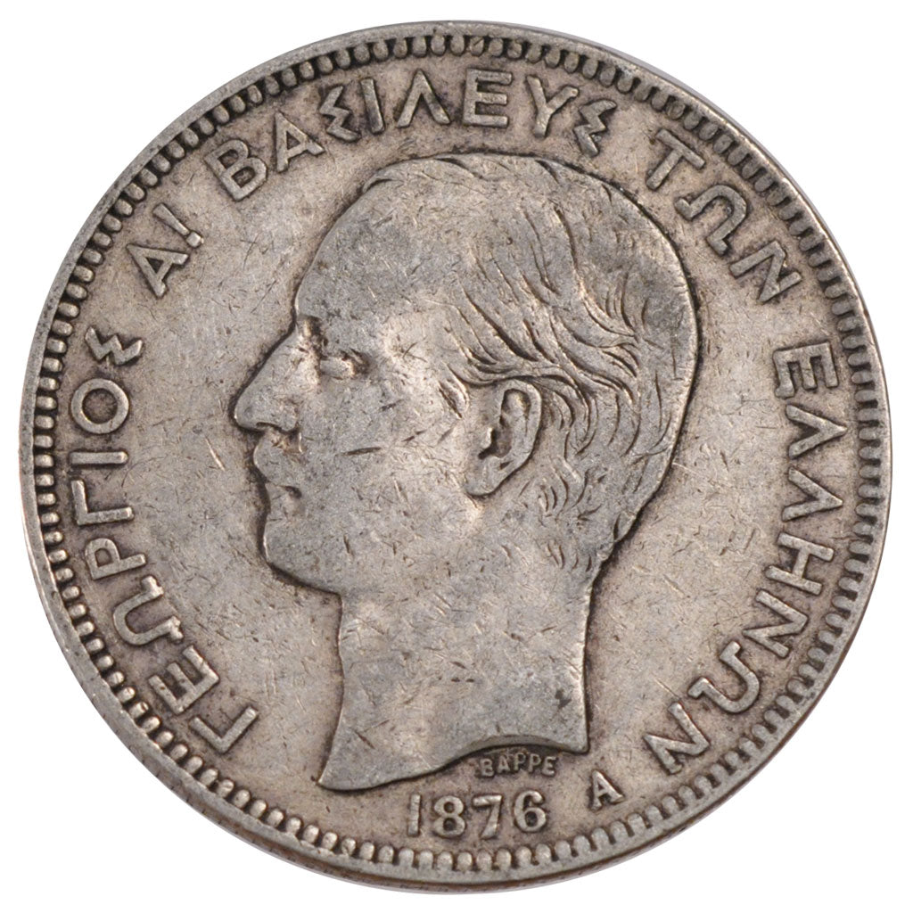 Grecia, George I, 5 Drachmai, 1876, Paris, BB, Argento