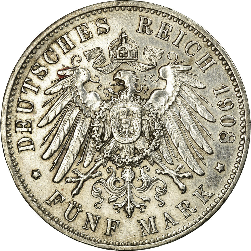 Coin, German States, WURTTEMBERG, Wilhelm II, 5 Mark, 1908, Freudenstadt