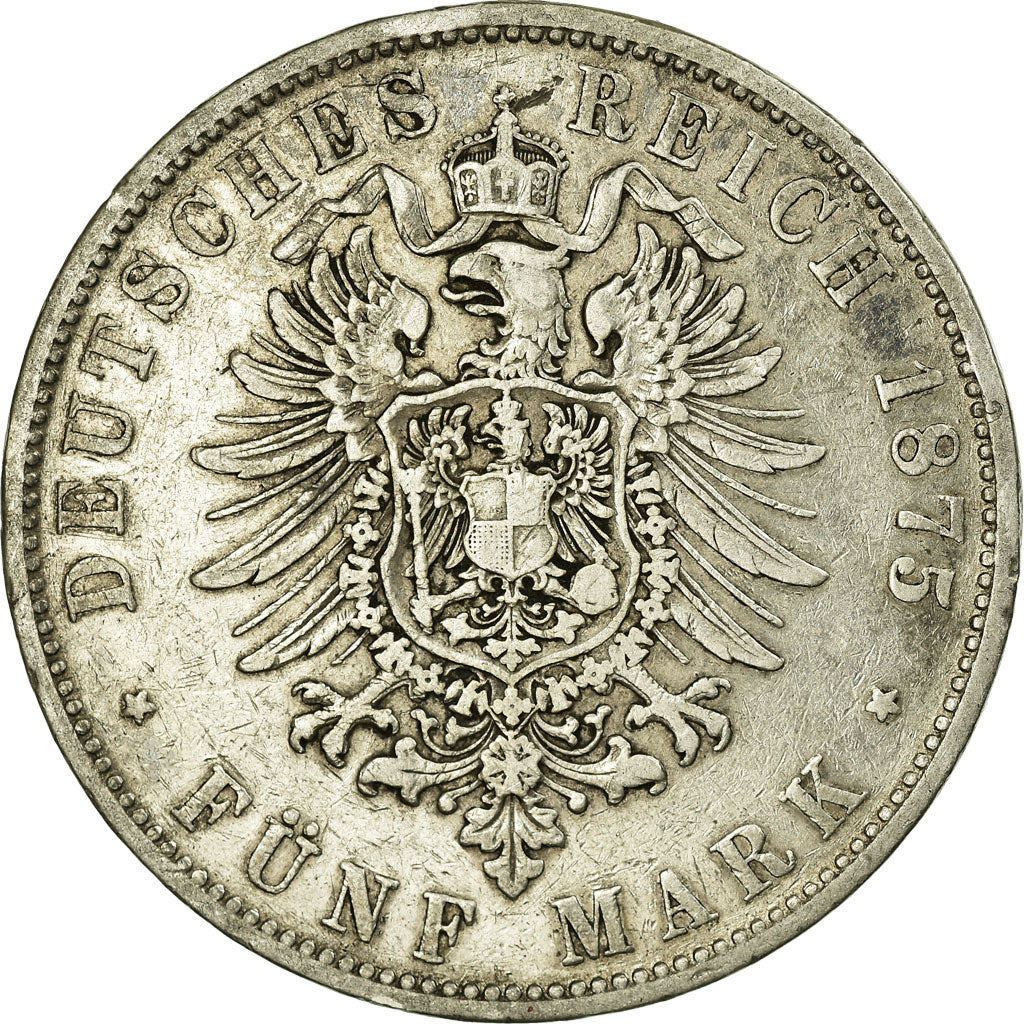 Coin, German States, WURTTEMBERG, Karl I, 5 Mark, 1875, Freudenstadt, EF(40-45)
