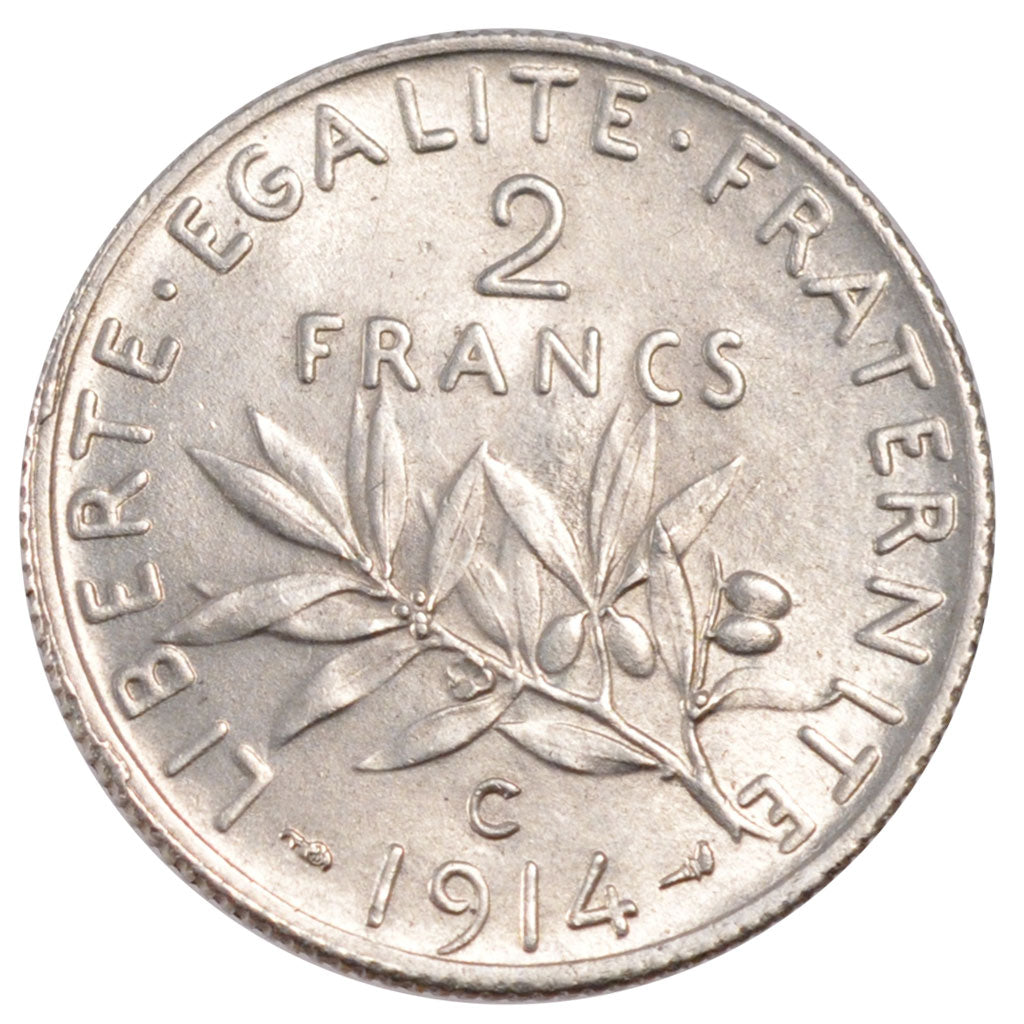 FRANCE, 2 Francs, 1914, Castelsarrasin, MS(60-62), Silver, Gadoury #532, 9.97