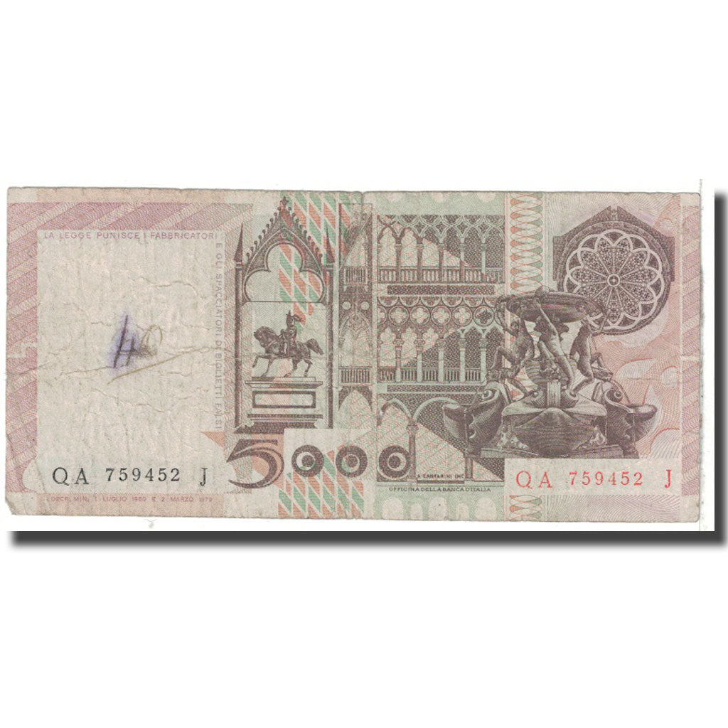 Banknote, Italy, 5000 Lire, 1980, 1980-01-02, KM:105b, VG(8-10)