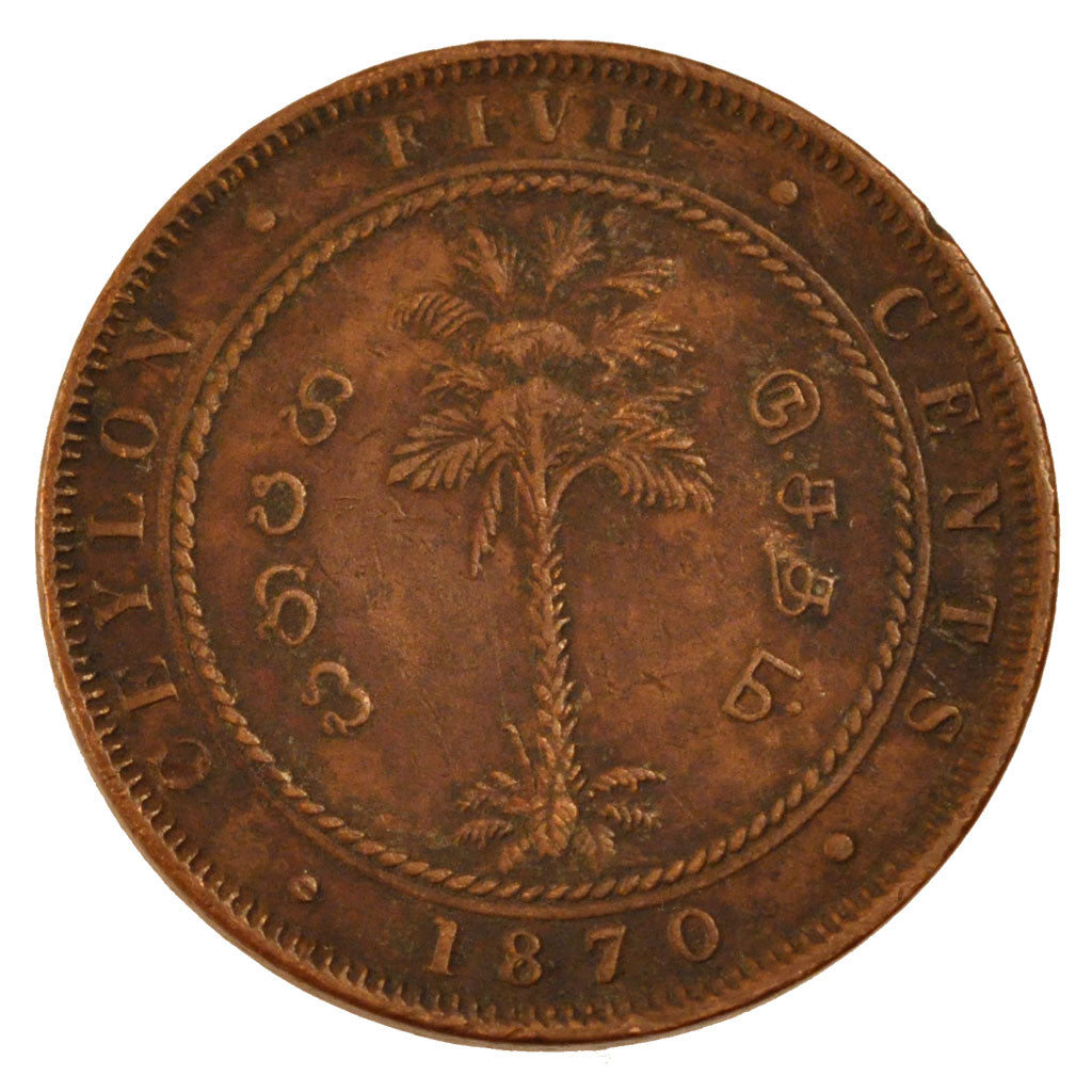 CEYLON, 5 Cents, 1870, KM #93, EF(40-45), Copper, 18.76