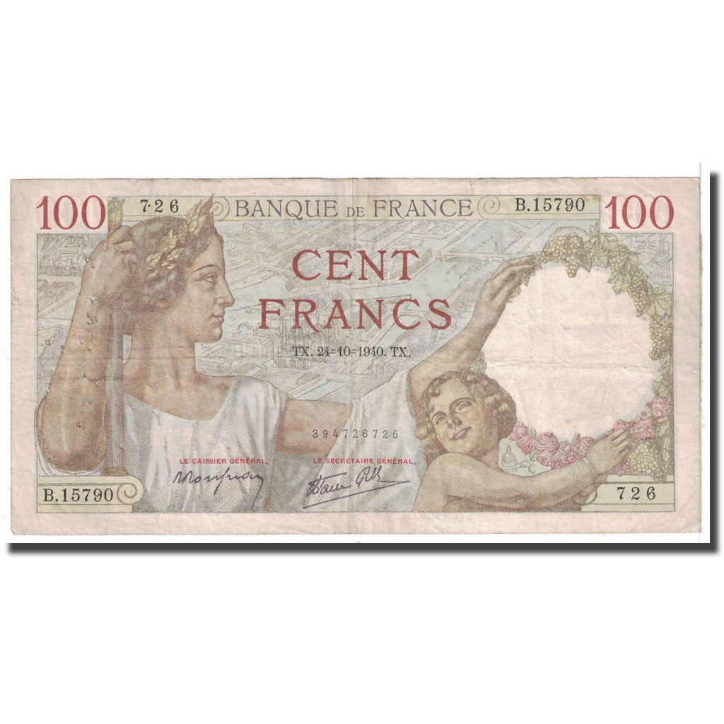 France, 100 Francs, Sully, 1941, 1940-10-24, VF(20-25), Fayette:26.39, KM:94