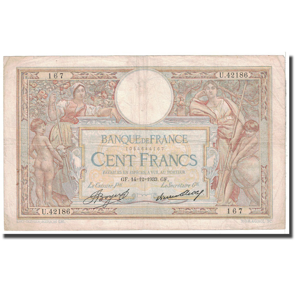France, 100 Francs, Luc Olivier Merson, 1933, 1933-12-14, VF(20-25)