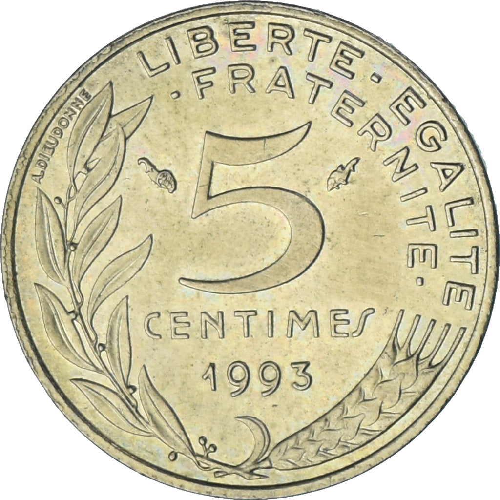 Moeda, França, Marianne, 5 Centimes, 1993, Paris, AU(55-58), Alumínio-Bronze