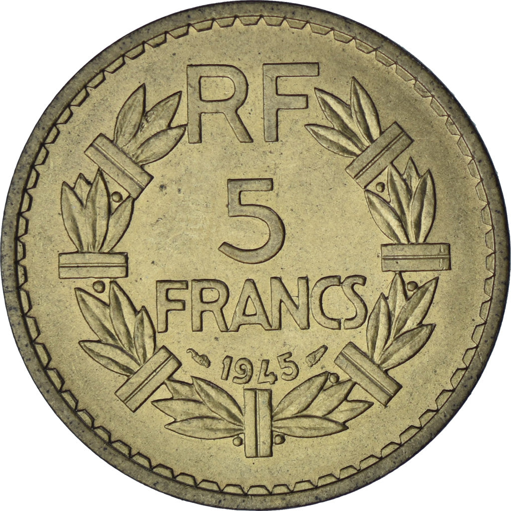 Moneta, Francja, Lavrillier, 5 Francs, 1945, Paris, EF(40-45), Aluminium-Brąz