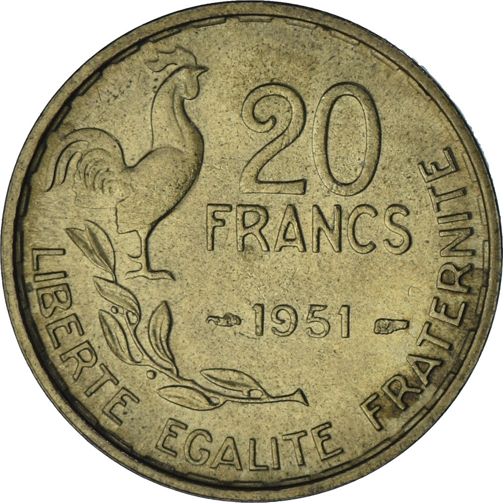 Moeda, França, Guiraud, 20 Francs, 1951, Paris, AU(55-58), Alumínio-Bronze