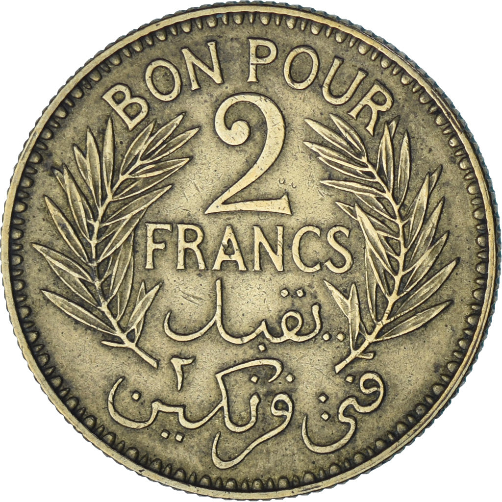 Moeda, Tunísia, Anonymous, 2 Francs, 1941/AH1360, Paris, AU(50-53)