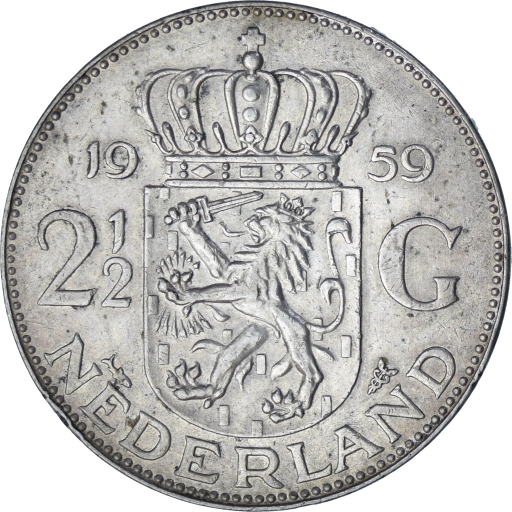 Coin, Netherlands, Juliana, 2-1/2 Gulden, 1959, AU(50-53), Silver, KM:185
