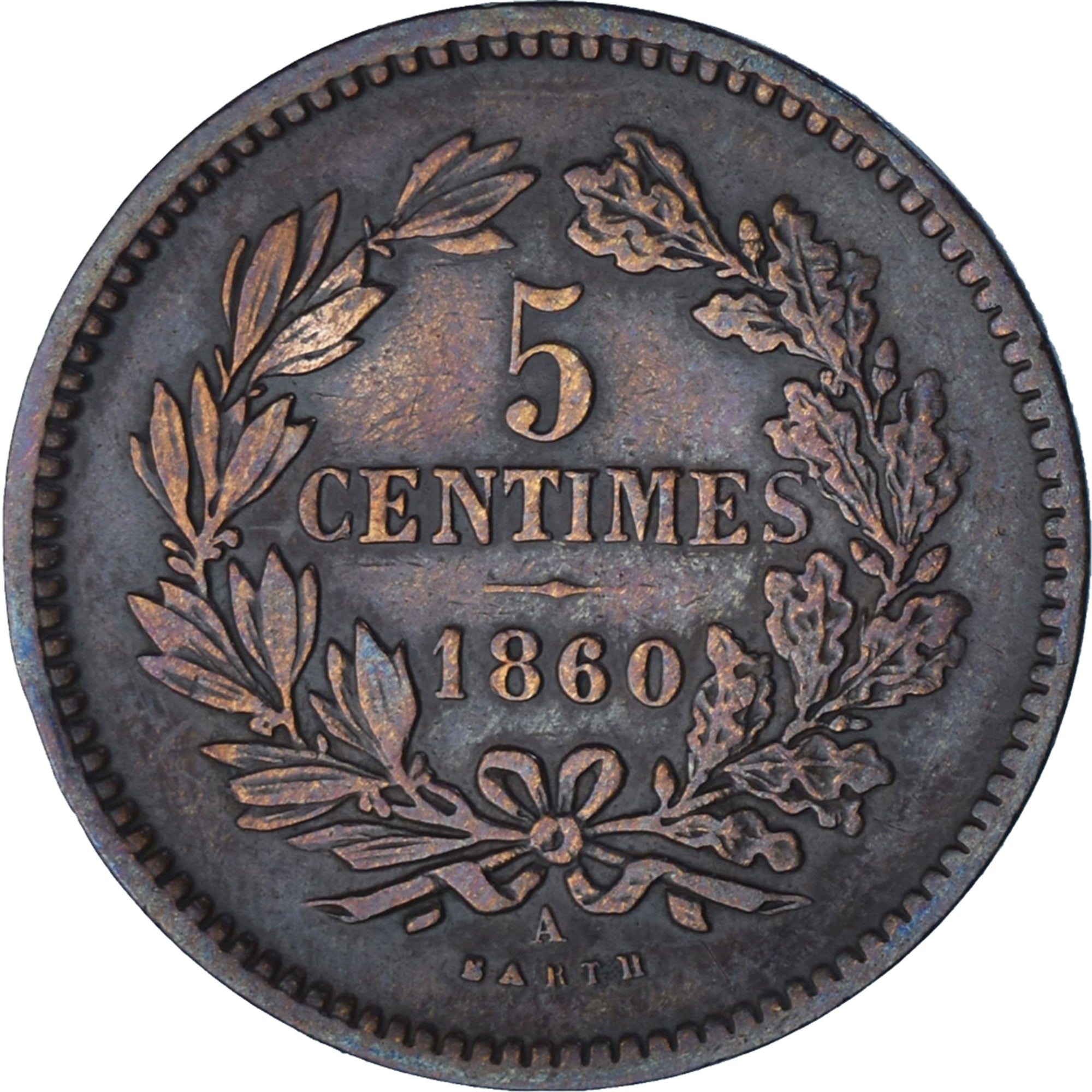 Moneta, Lussemburgo, William III, 5 Centimes, 1860, Paris, SPL-, Bronzo, KM:22.2