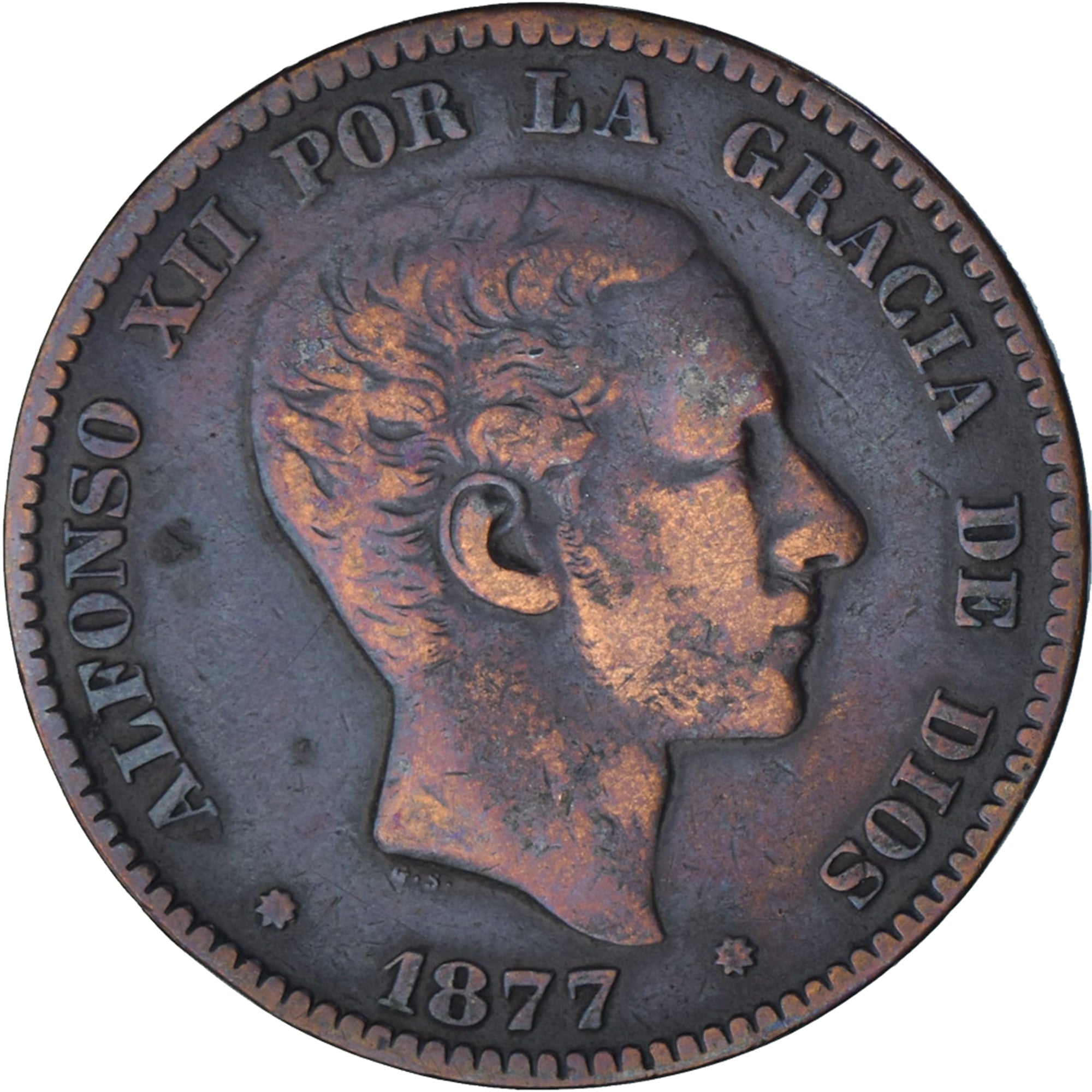 Münze, Spanien, Alfonso XII, 10 Centimos, 1877, Madrid, SS, Bronze, KM:675