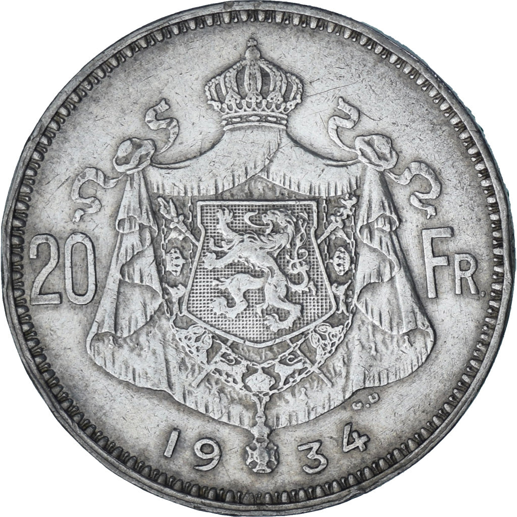 Moneta, Belgio, 20 Francs, 20 Frank, 1934, BB+, Argento, KM:103.1