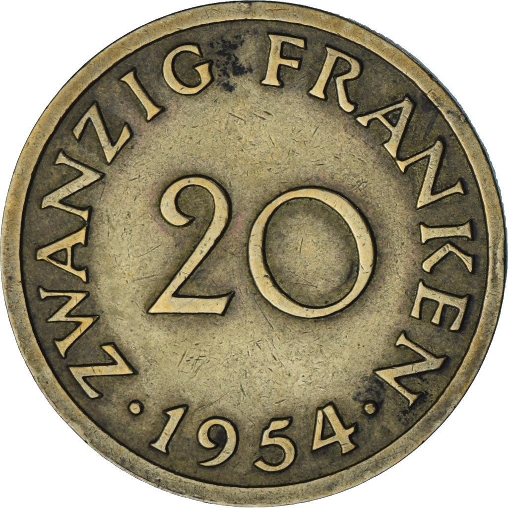 Coin, SAARLAND, 20 Franken, 1954, Paris, AU(50-53), Aluminum-Bronze, KM:2