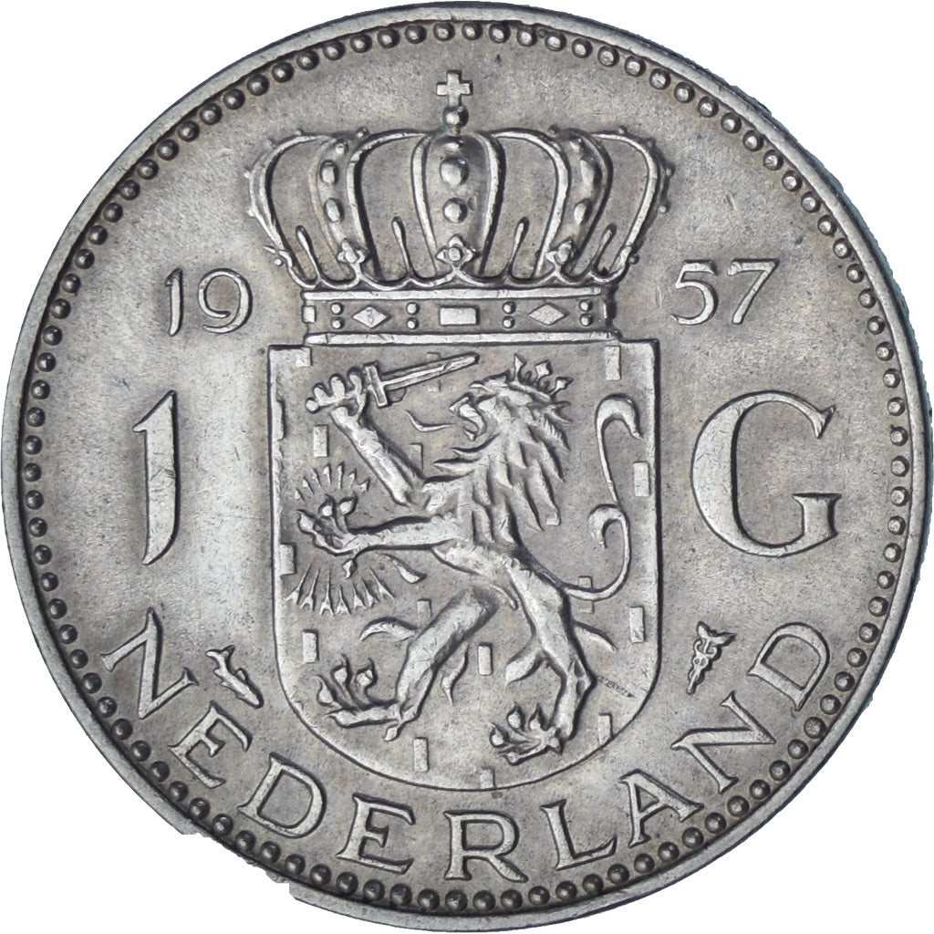 Coin, Netherlands, Juliana, Gulden, 1957, Utrecht, AU(55-58), Silver, KM:184