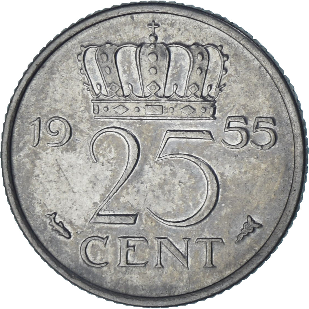 Coin, Netherlands, Juliana, 25 Cents, 1955, AU(50-53), Nickel, KM:183