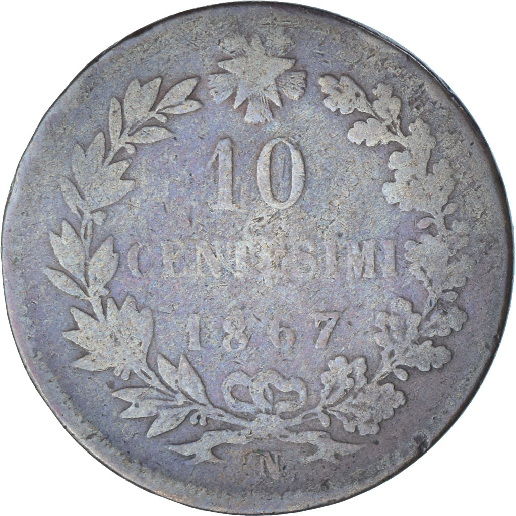 Moeda, Itália, Vittorio Emanuele II, 10 Centesimi, 1867, Naples, VG(8-10)