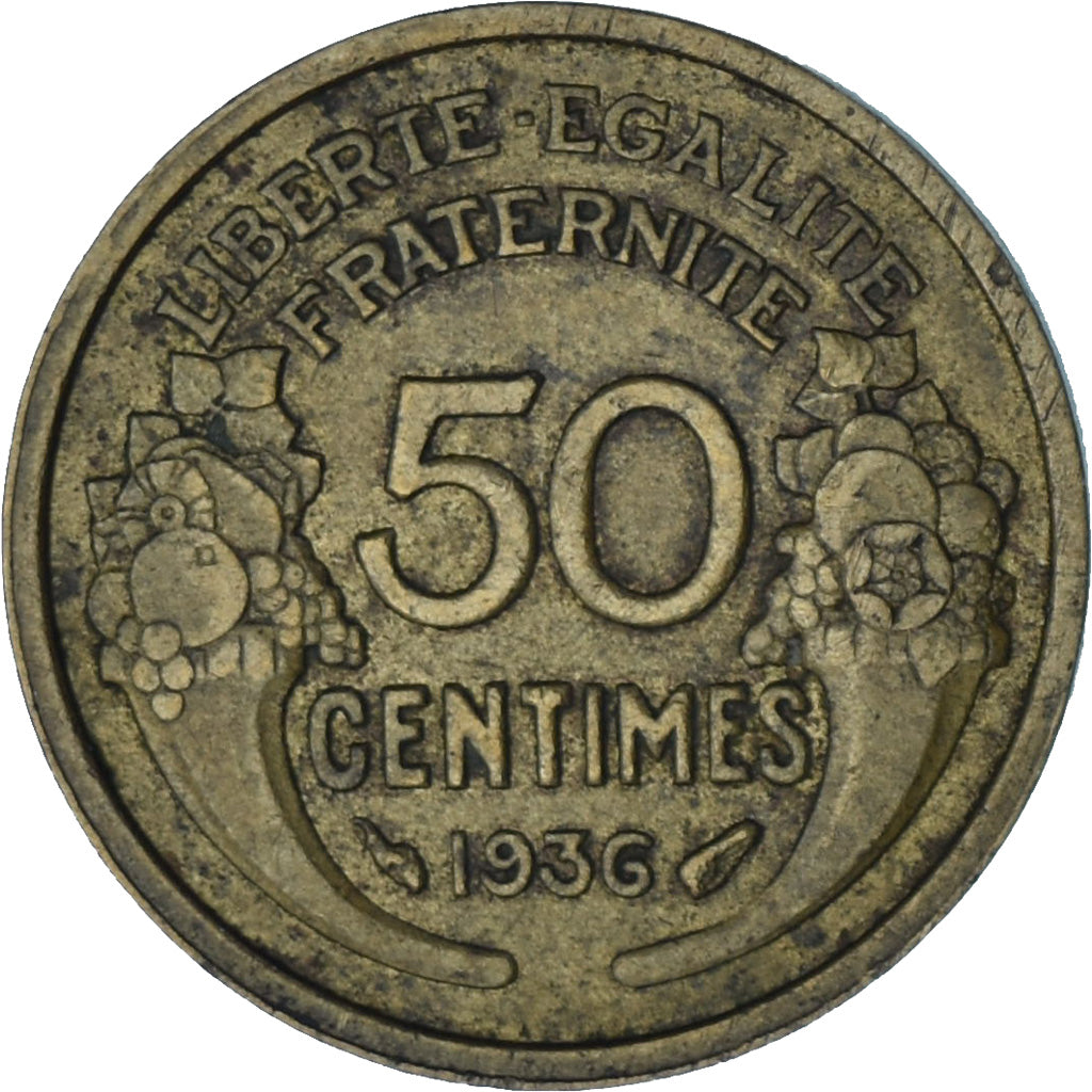 Francia, Morlon, 50 Centimes, 1936, Paris, BC+, Aluminio - bronce, KM:894.1