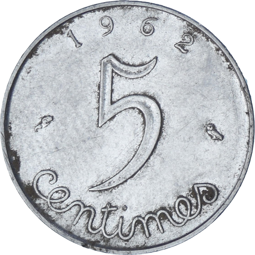 França, Épi, 5 Centimes, 1962, Paris, EF(40-45), Aço Inoxidável, KM:927
