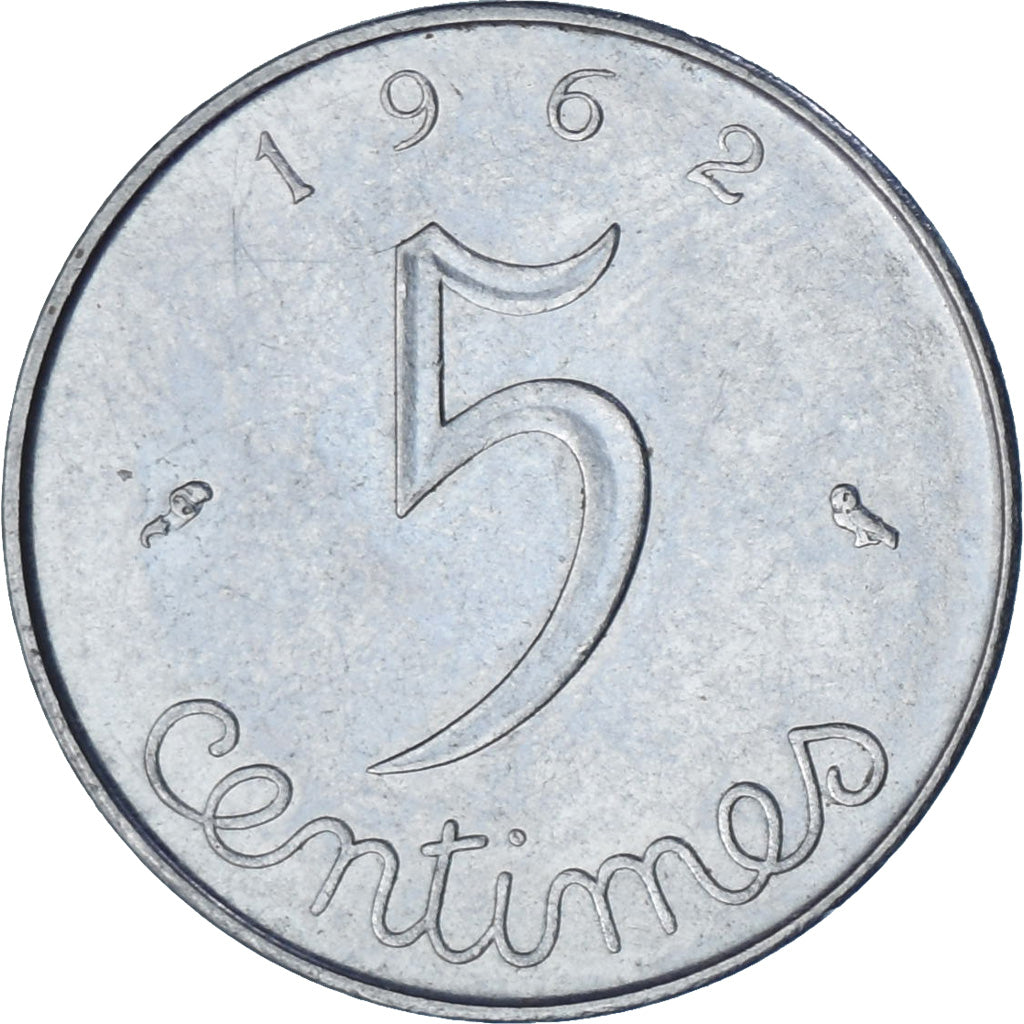 França, Épi, 5 Centimes, 1962, Paris, AU(50-53), Aço Inoxidável, KM:927