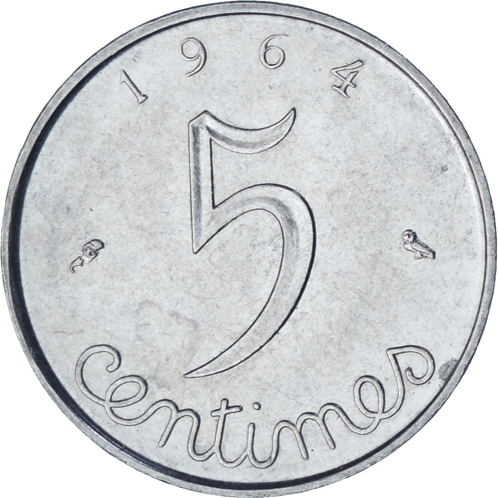 França, Épi, 5 Centimes, 1964, Paris, AU(55-58), Aço Inoxidável, KM:927