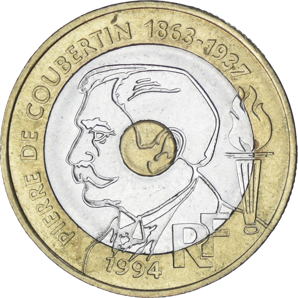 Francia, Pierre de Coubertin, 20 Francs, 1994, MBC+, Trimetálico, KM:1036