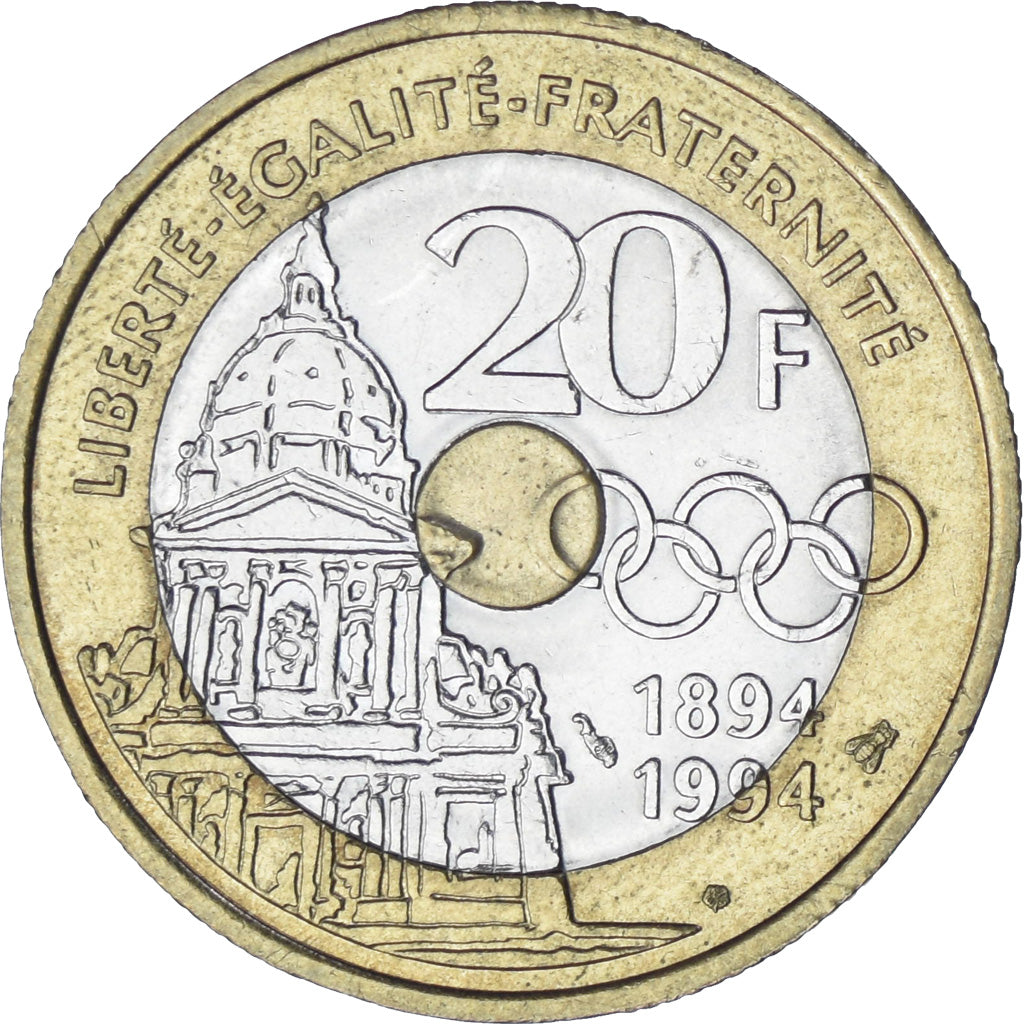 Francia, Pierre de Coubertin, 20 Francs, 1994, MBC+, Trimetálico, KM:1036