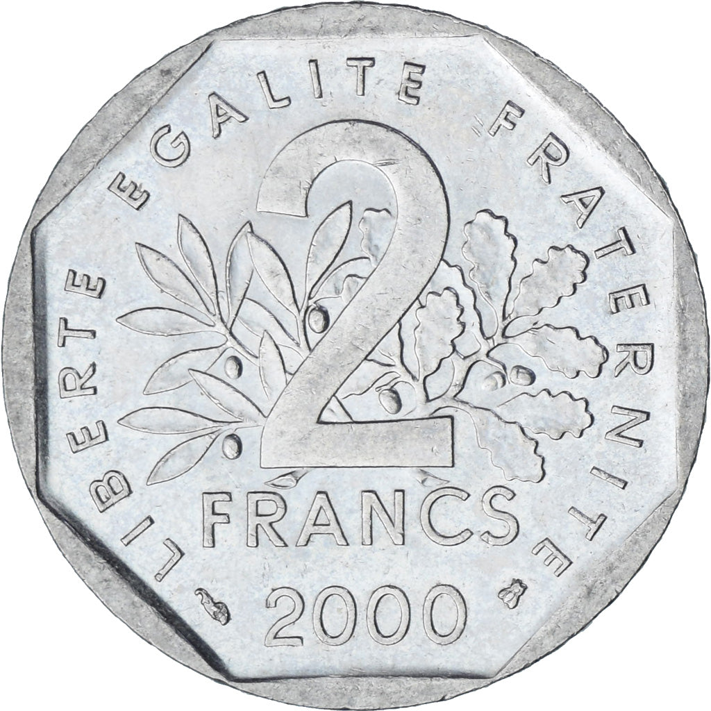 Francja, Semeuse, 2 Francs, 2000, Paris, AU(55-58), Nikiel, KM:942.1