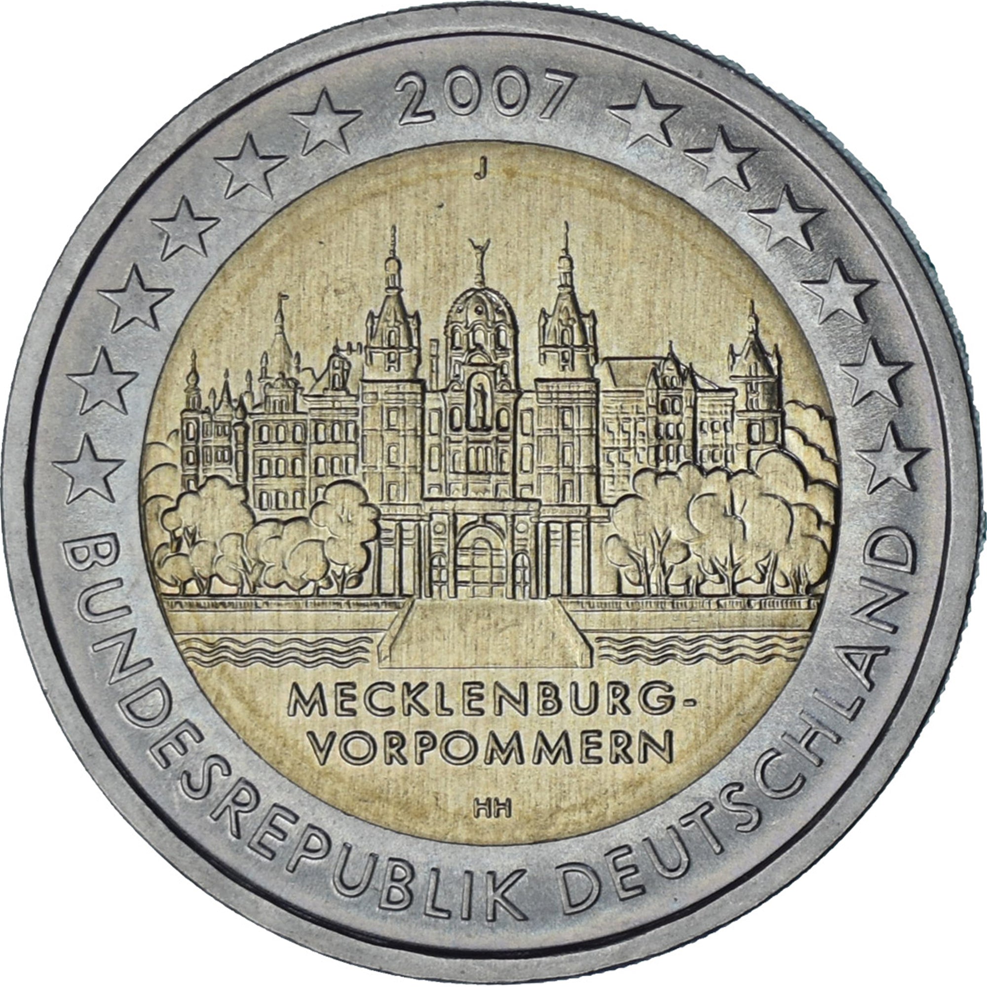 Germany, 2 Euro, error wrong ring, 2007, Hambourg, Copper-nickel, AU(55-58)