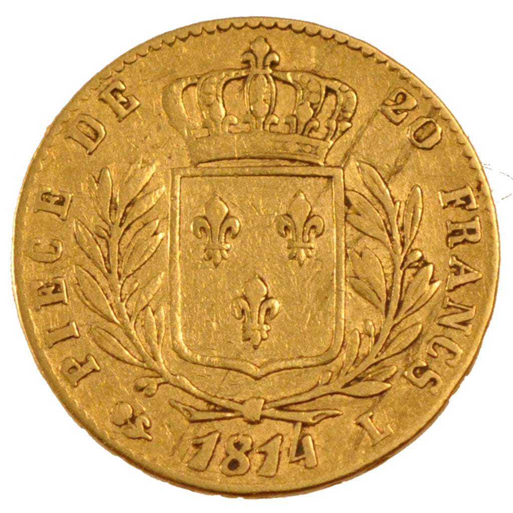 FRANCE, Louis XVIII, 20 Francs, 1814, Bayonne, KM #706.4, VF(30-35), Gold,...