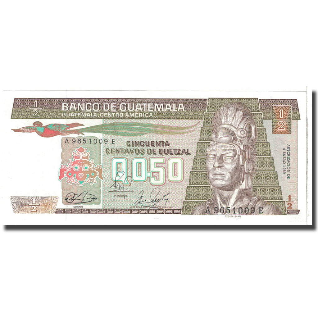 Banknote, Guatemala, 1/2 Quetzal, 1989, 1989-01-04, KM:72a, UNC(65-70)