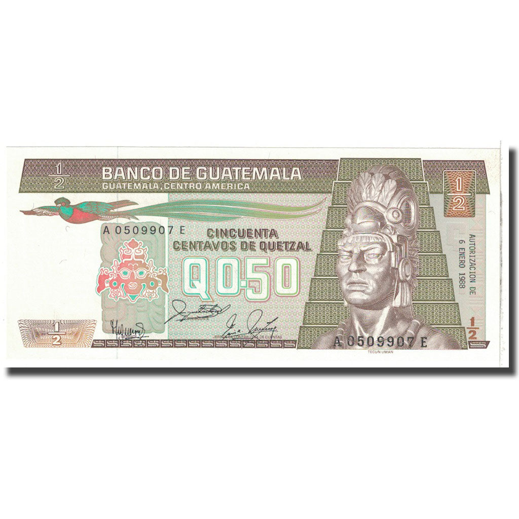 Banknote, Guatemala, 1/2 Quetzal, 1989, 1989-01-04, KM:72a, UNC(65-70)