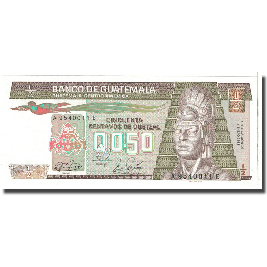 Banknote, Guatemala, 1/2 Quetzal, 1989, 1989-01-04, KM:72a, UNC(65-70)
