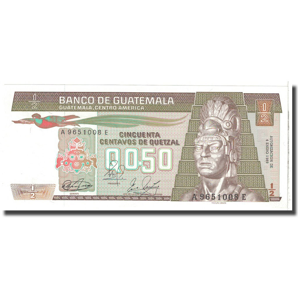 Banknote, Guatemala, 1/2 Quetzal, 1989, 1989-01-04, KM:72a, UNC(65-70)