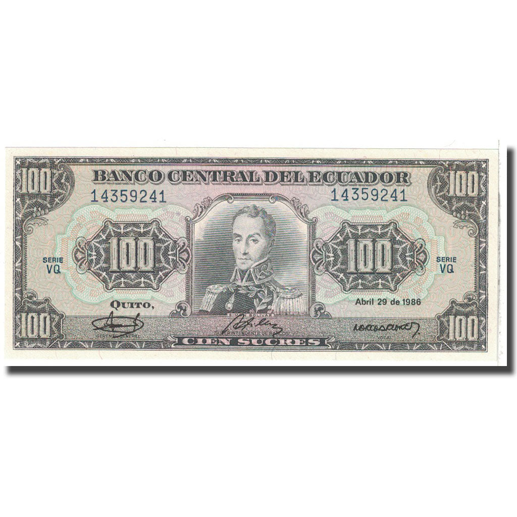 Banknote, Ecuador, 100 Sucres, 1986, 1986-04-29, KM:123, UNC(65-70)