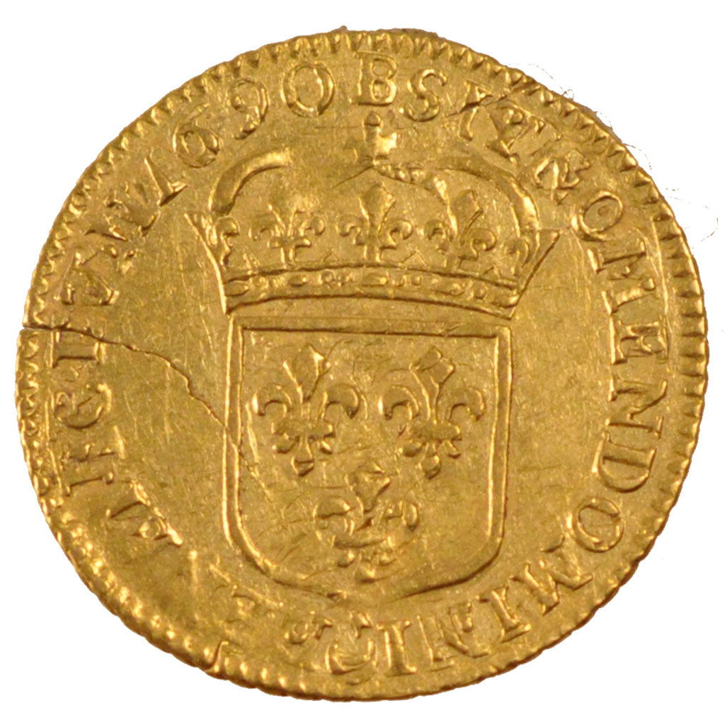 FRANCE, 1/2 Louis d'or à l'écu, 1/2 Louis D'or, 1690, Rouen, KM #277.2, AU(55-58