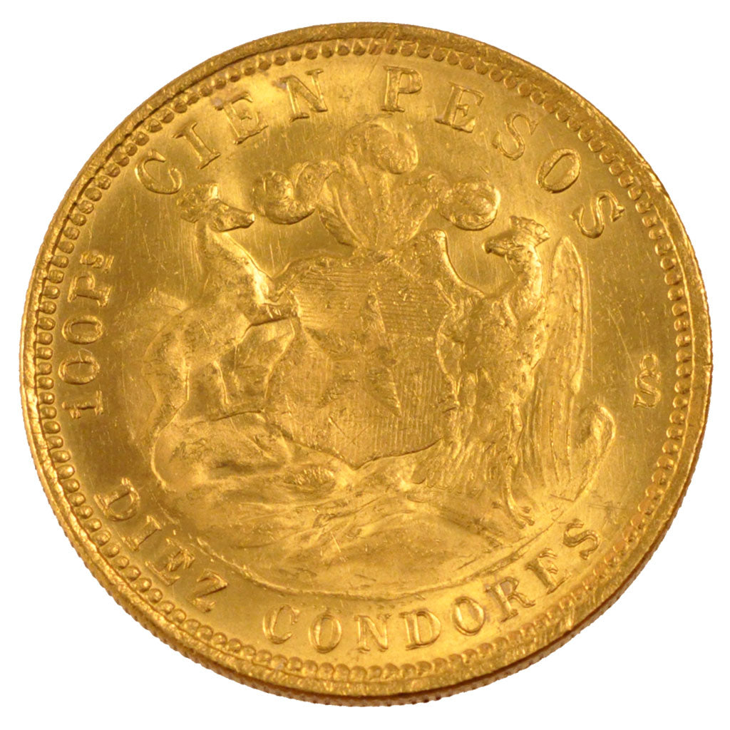 CHILE, 100 Pesos, 1926, Santiago, KM #170, AU(55-58), Gold, 31, 20.38