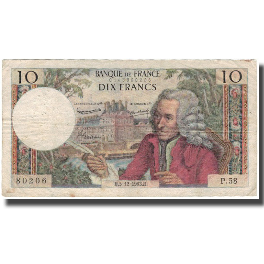 France, 10 Francs, Voltaire, 1963-12-05, VG(8-10), Fayette:62.06, KM:147a