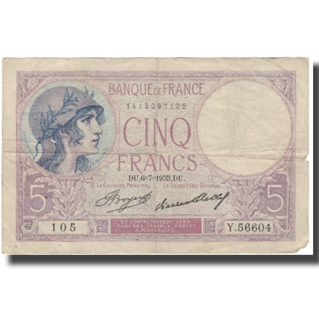 France, 5 Francs, Violet, 1933-07-06, VG(8-10), KM:72e