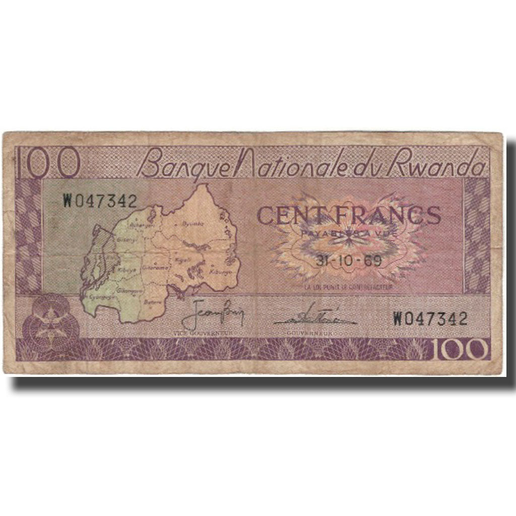 Banknot, Ruanda, 100 Francs, 1969-10-31, KM:8a, VG(8-10)