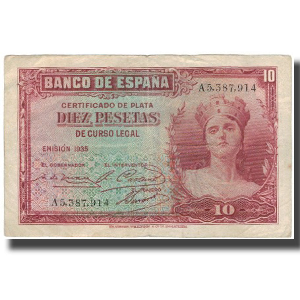 Nota, Espanha, 10 Pesetas, 1935, KM:86a, VF(20-25)