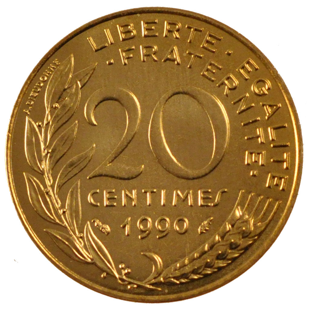 FRANCE, Marianne, 20 Centimes, 1990, Paris, KM #930, MS(63), Aluminum-Bronze,...