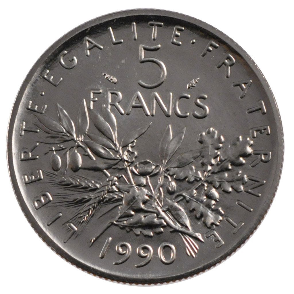 FRANCE, Semeuse, 5 Francs, 1990, Paris, KM #926a.1, MS(65-70), Nickel Clad...