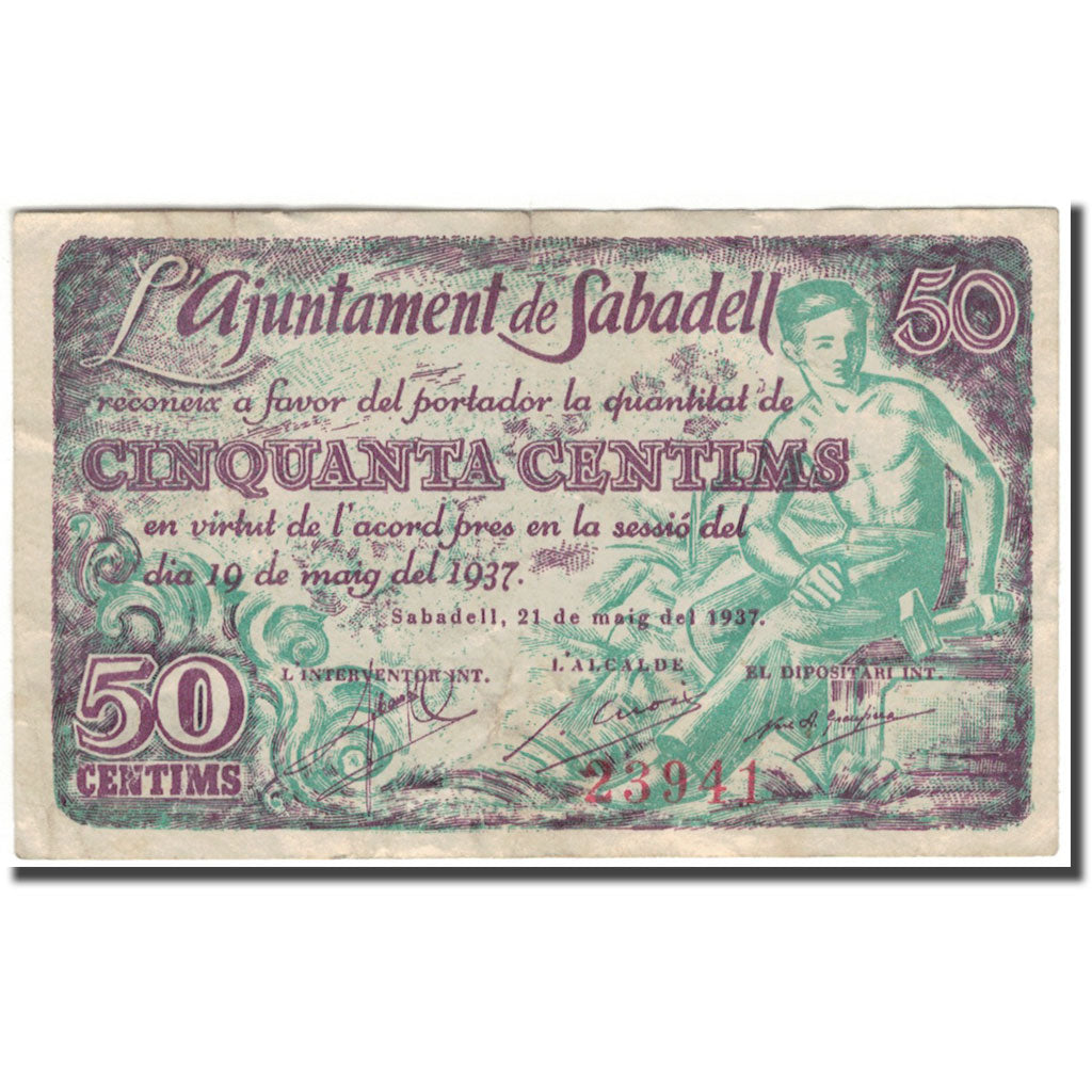 Banknote, Spain, Sabadell, 50 Centimos, Ajuntament, 1937, 1937, EF(40-45)