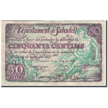 Banknote, Spain, Sabadell, 50 Centimos, Ajuntament, 1937, 1937, EF(40-45)